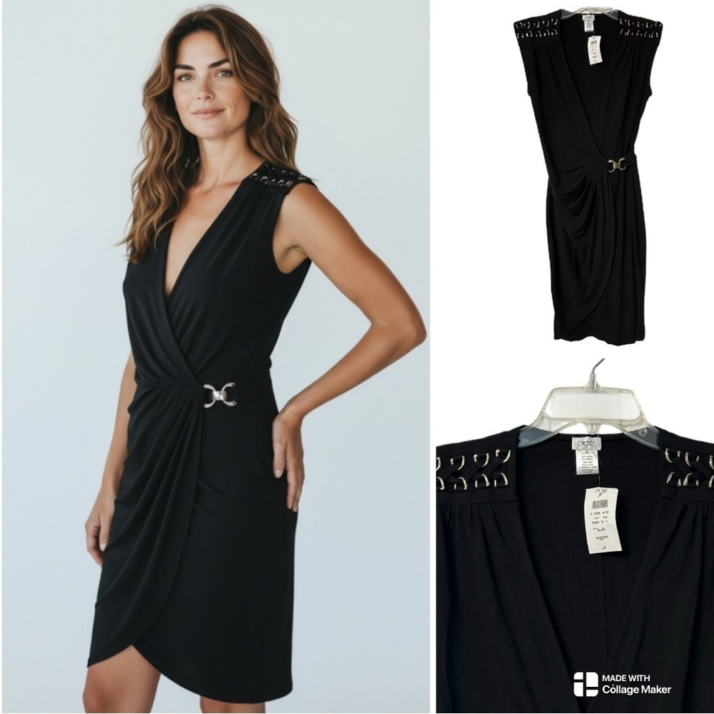 NWT Cache Black and Gold Ruched faux wrap Dress
